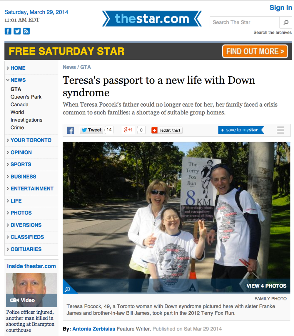 Toronto Star: Teresa Pocock’s passport to a new life with Down syndrome